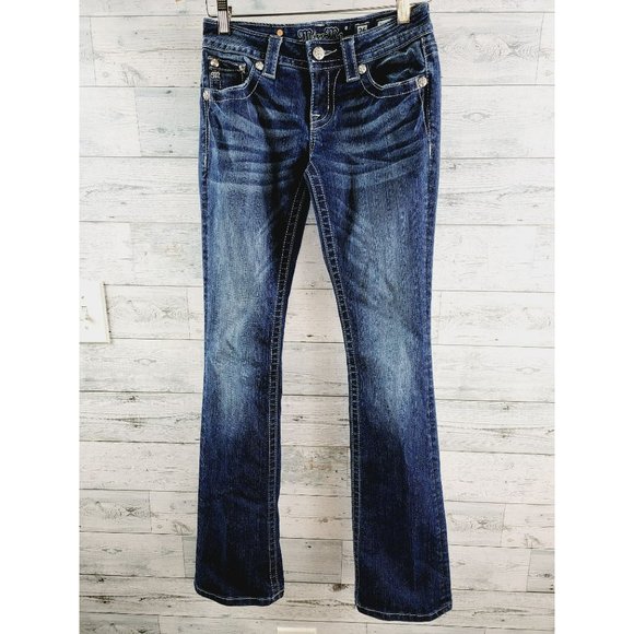 Miss Me Denim - Miss Me Heavily Embroidered Studded Flap Pockets Silver Stitching Bootcut 26 EUC